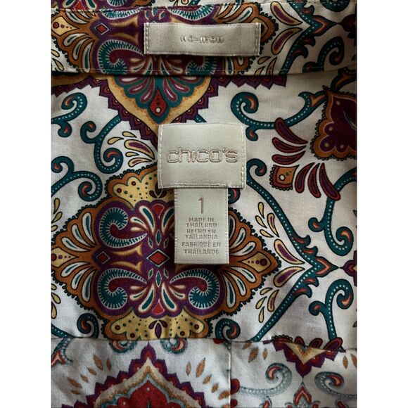 Chico’s No-Iron Cream/Red Abstract Medallion 3/4 Sleeve Blouse - Picture 5 of 6